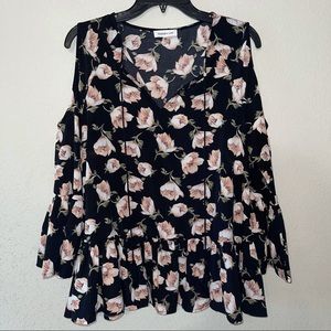 Sugar + Lips Black Floral Cold Shoulder Peplum Top